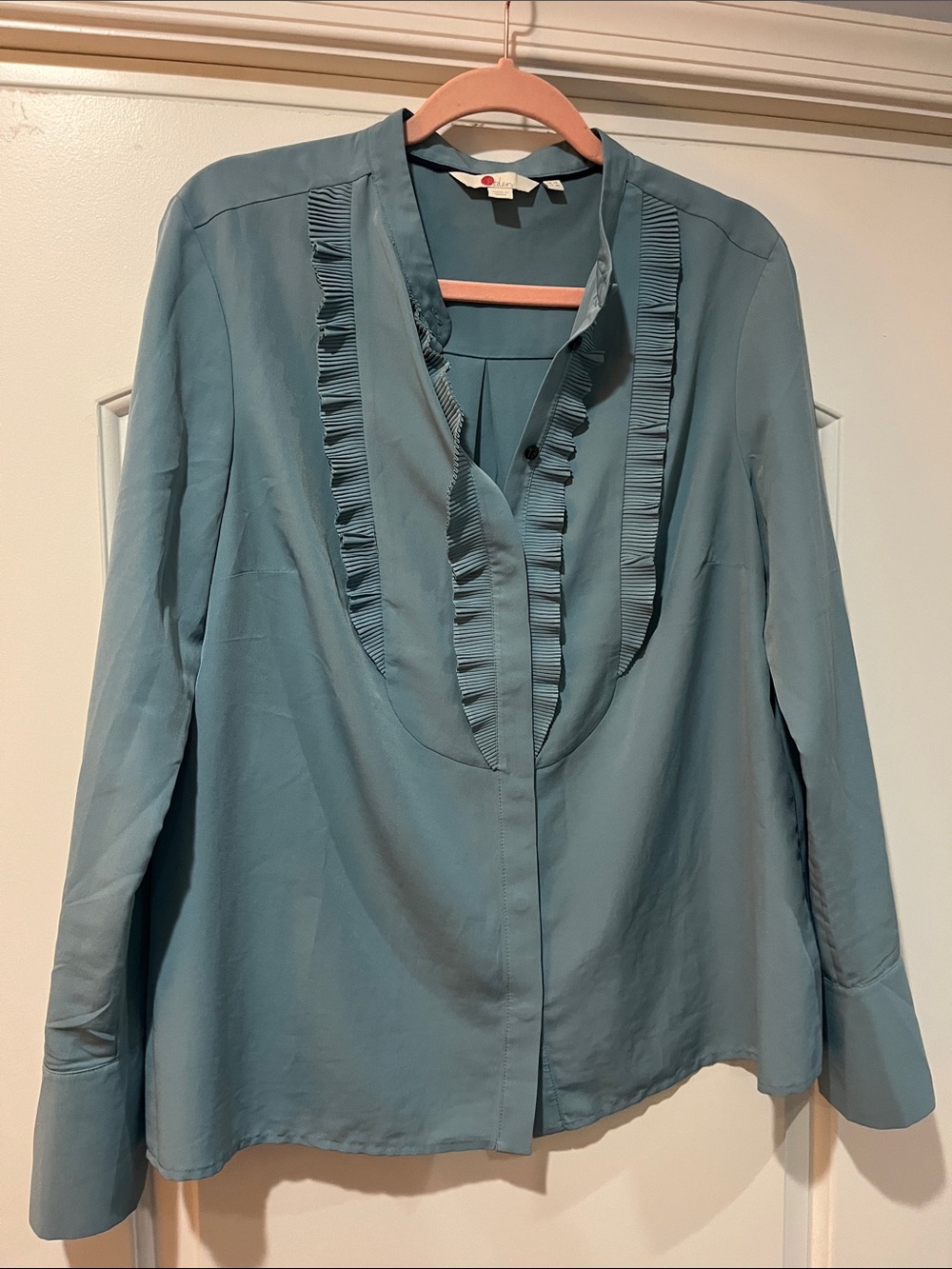 Teal pintuck ruffle button down